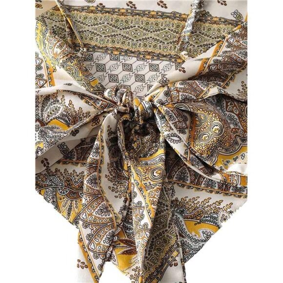 Yellow Printed Satin Silk Bandana Crop Top Tie Back Triangle Sleeveless Cami Top - Picture 9 of 11